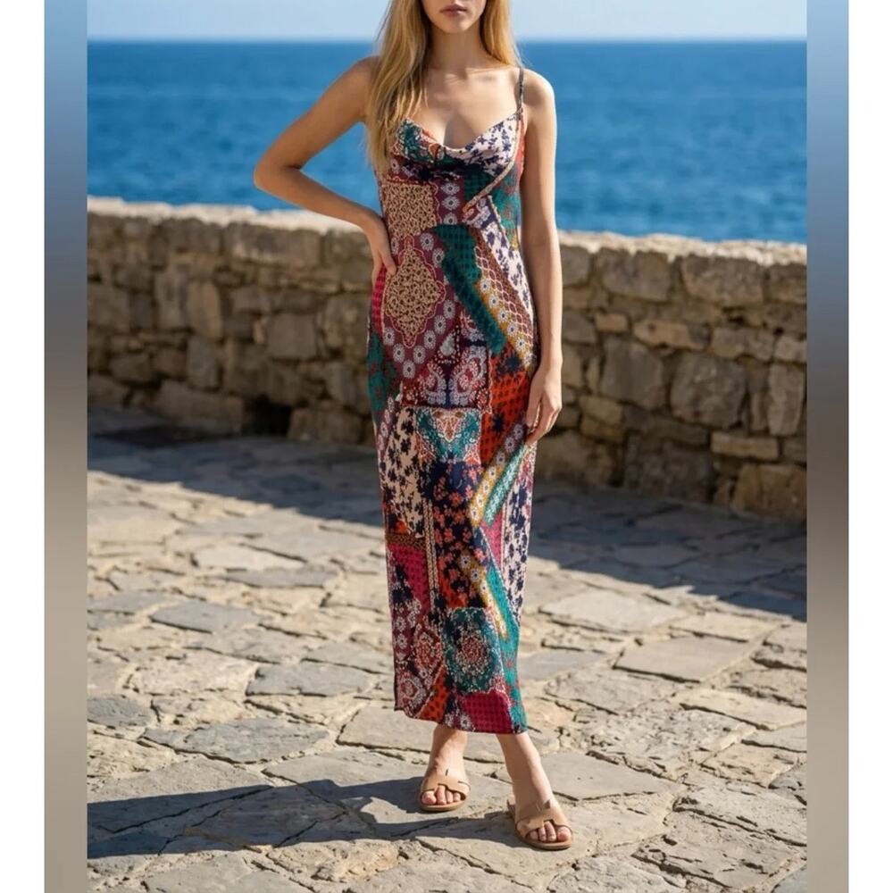 Anthropologie Patchwork Spaghetti Strap Maxi Slip Dress Cowl Neck SZ M NWT